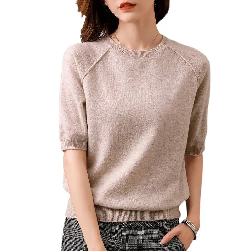 

2022 Spring and Summer New Bottoming Shirt Woman O-Neck Pullover Short-sleeved Vest 100% Pure Wool Knitted T-Shirt