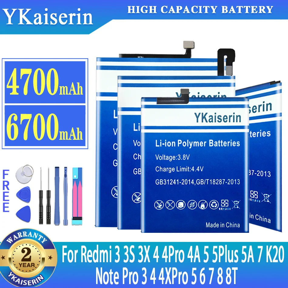 

YKaiserin Battery For Xiaomi Mi POCOPHONE F1 Note 2 Note2 For Redmi 3 3S 3X 4 4Pro 4A 5 5Plus 5A 7 K20 Note 4 4X 5 6 7 8 8T Pro