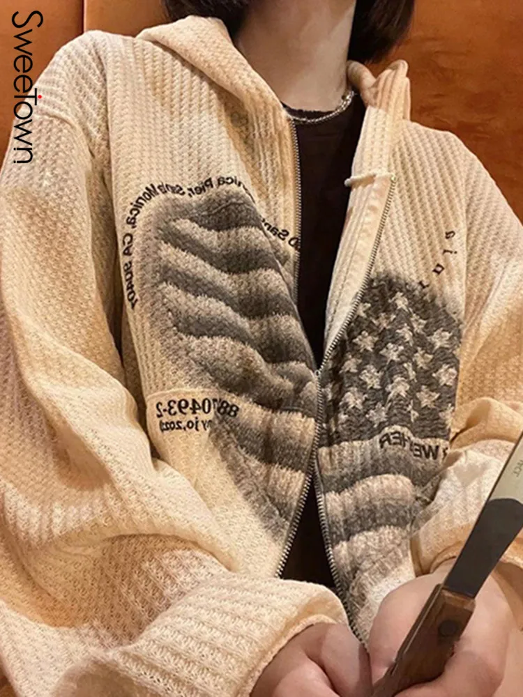 

Sweetown Chic Texture Zip Up Long Sleeve Autumn Winter Hooded Coats For Women Heart Pattern Vintage Aesthetic Grunge Sweatshirts