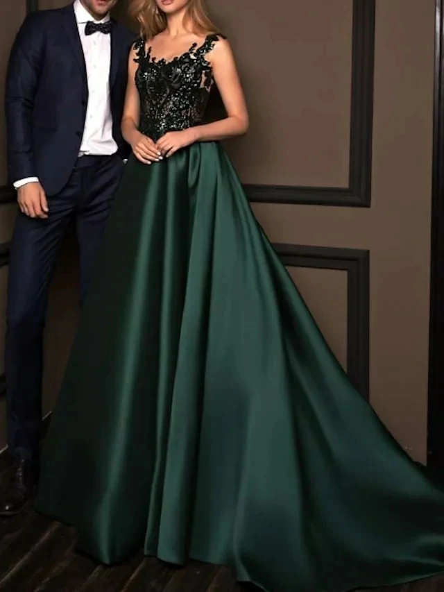 

A-Line Evening Dresses Beautiful Back Dress Formal Evening Sweep Train Sleeveless Plunging Neck Lace with Pleats Lace Insert