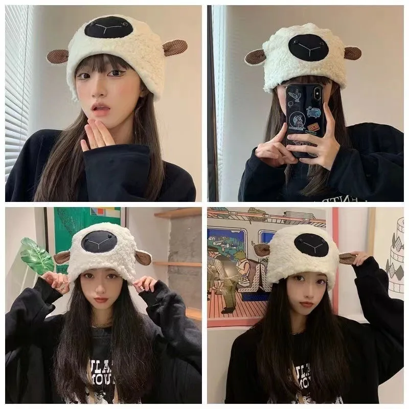 

2022 winter Japanese sweet and cute ears little sheep hat women's plush thickened warm lamb wool pullover hat