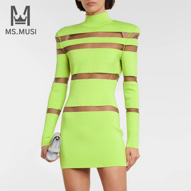 

Новинка 2023, модное женское сексуальное кружевное Сетчатое платье MSMUSI с круглым вырезом, открытой спиной и длинным рукавом, облегающее мини-платье