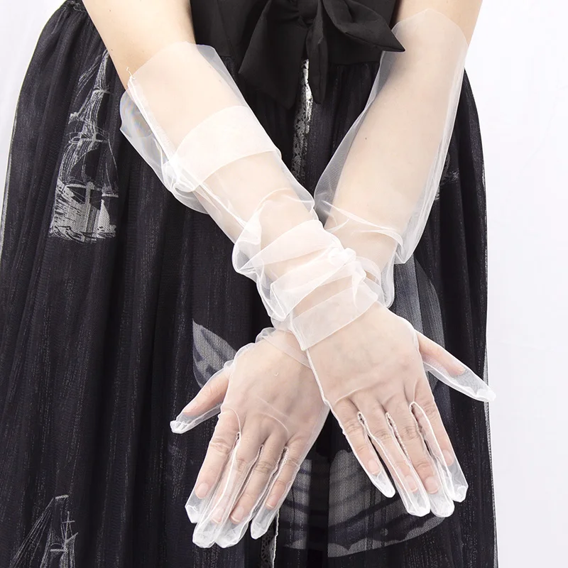 

55cm Long Lace Sheer Tulle Gloves Ultra Thin Full Finger Mittens for Women Mesh Elbow Wedding Bride Gloves Halloween Accessory