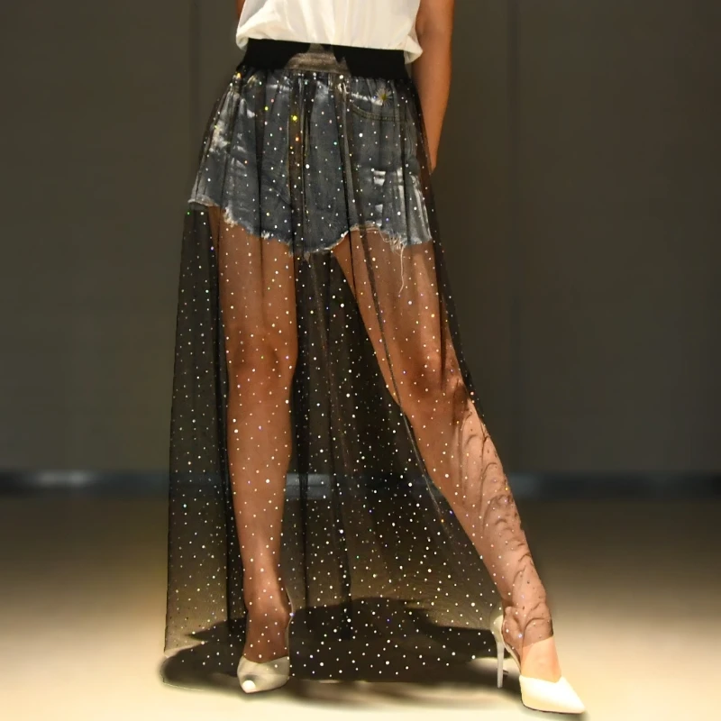 

Черный цвет, сетчатая юбка с блестками, элегантная женская свободная юбка с высокой талией, женская юбка, юбки до щиколотки для