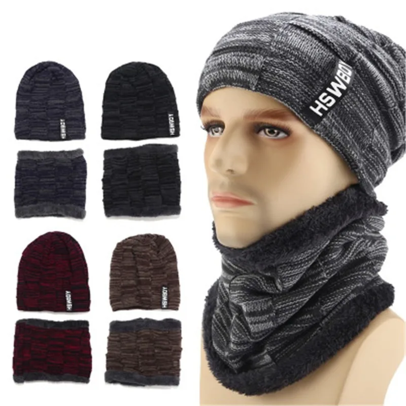 

MOOMBIFFY NEW Men Women Winter Gradient Knit Hat Collar Set Thick Warm Wool Earmuffs winter hats for gorros mujer invierno A25