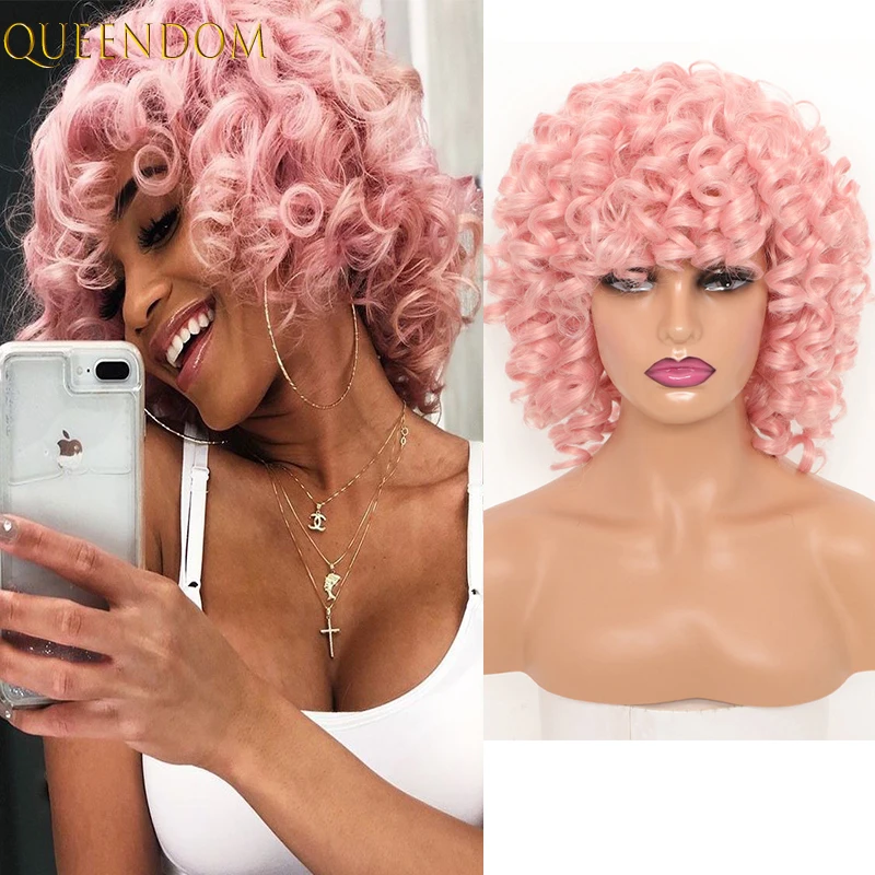 

12" Pink Afro Kinky Curly Women's Wigs Synthetic Short Curly Bob Wig Female Ombre Brown Deep Curly Cosplays Wig African American
