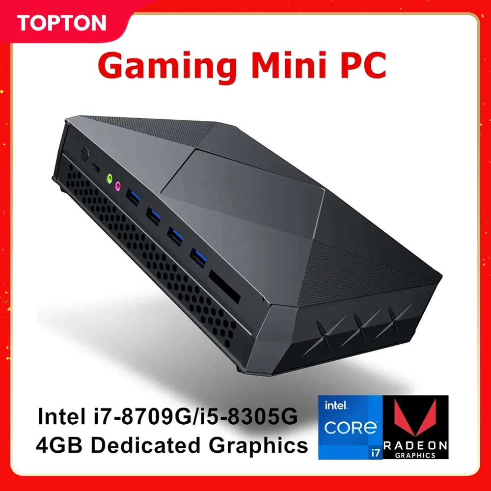 

Topton Cheap Gaming Mini PC i7 8709G AMD Radeon RX Vega M GH 4GB Dedicated 2*DDR4 2*NVMe Gamer Computer Windows 11 4x4K Display