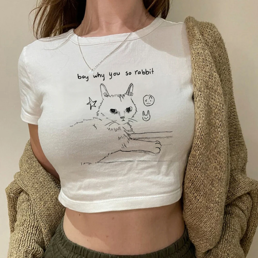 

Cartoon Pattern Cute Cat Clothing Women's Summer Crop Top Printing 90s Style T-shirt Fashion Casual Short Sleeve T-shirt.