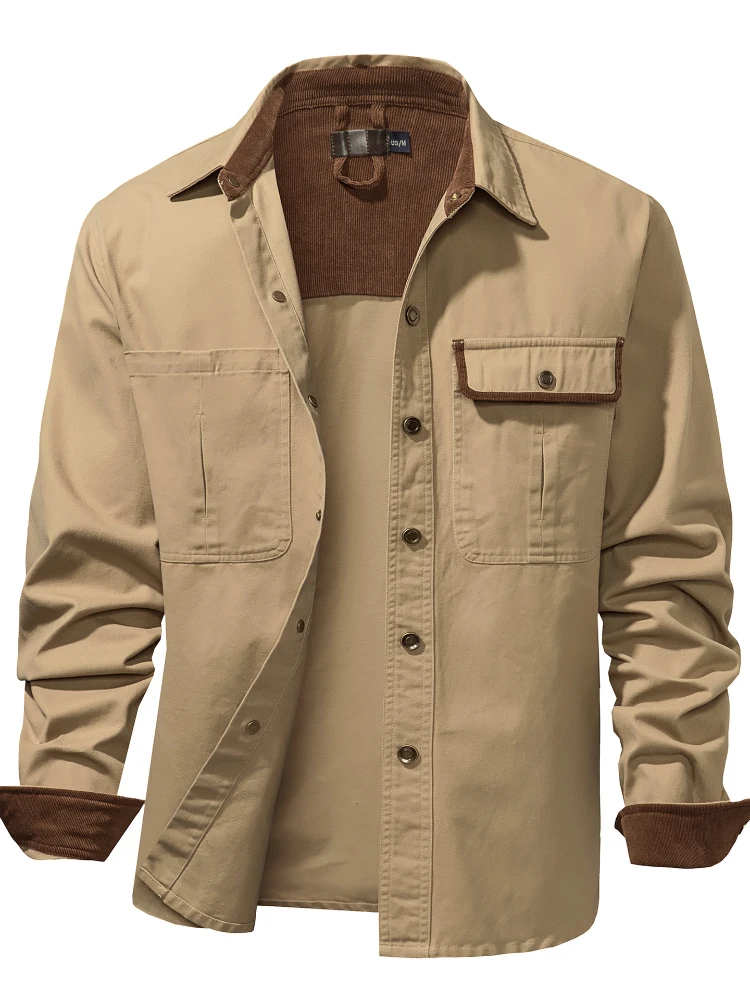 US Size Men's Loose Splice Corduroy Washed Cotton Shirt European and American Metal Button Long Sleeve Shirt 2022 Winter Shirt