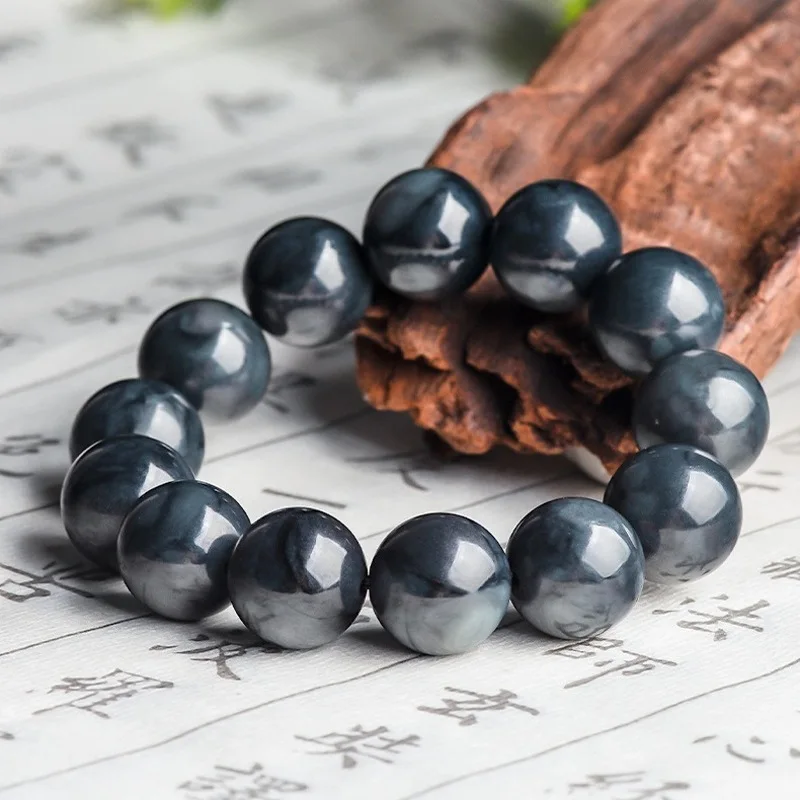 Натуральный нефритовый браслет из нефрита для мужчин и женщин Lucky Black 13 мм круглый