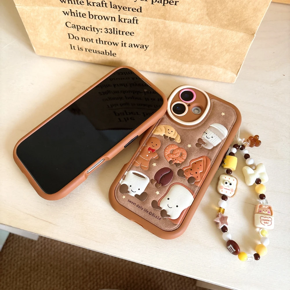 3D Circular Cortex Leather Gingerbread Man Pattern With Bracelet Phone Case For iPhone 13 14 15 16 pro max Shockproof Back Cover