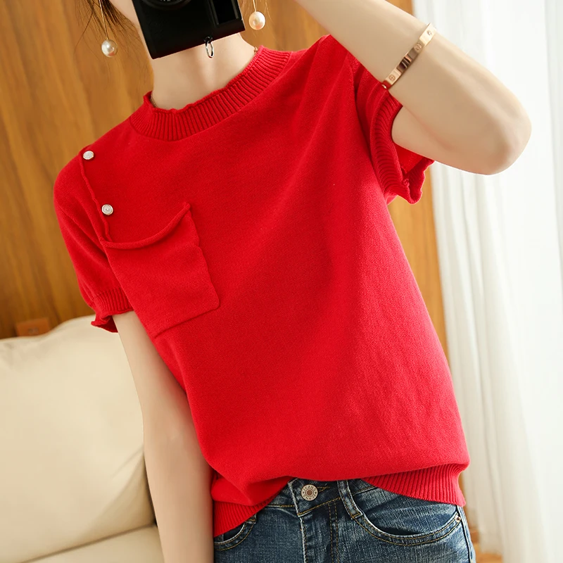 

2022 Summer New Cotton Women's Round Neck Solid Color With Pockets Simple Short-Sleeved Pullover Sweater Bottoming Shirt