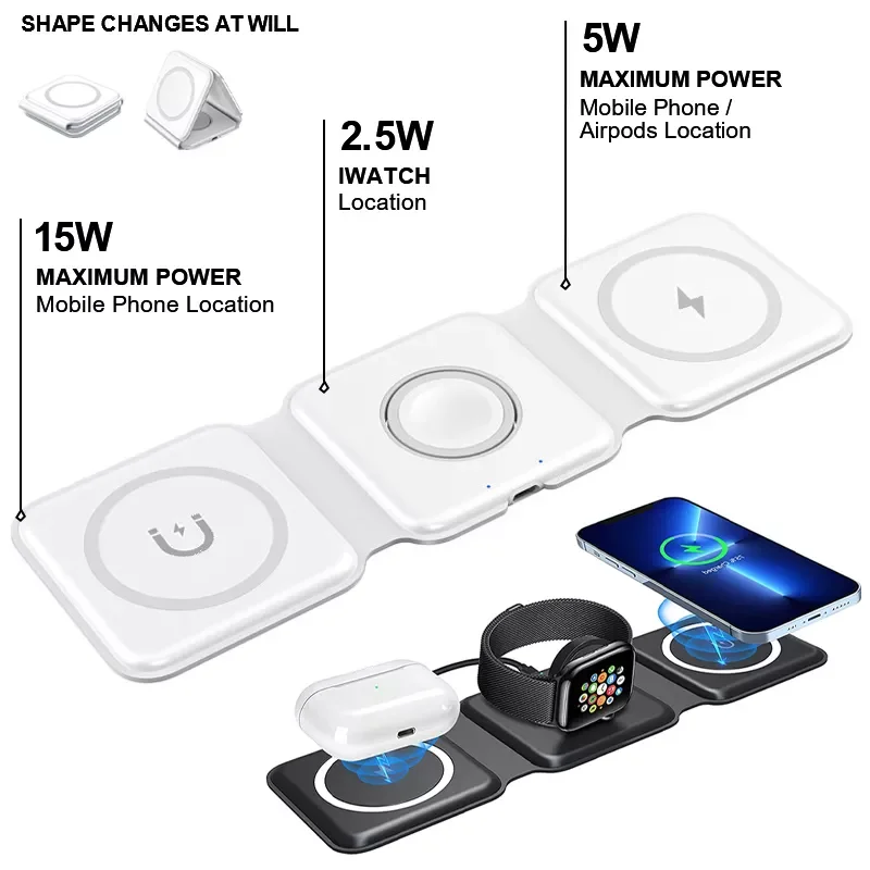 

15W 3 in 1 Wireless Charger 13 12 11 XR 8 Pro Portable Foldable Fast Charging Dock