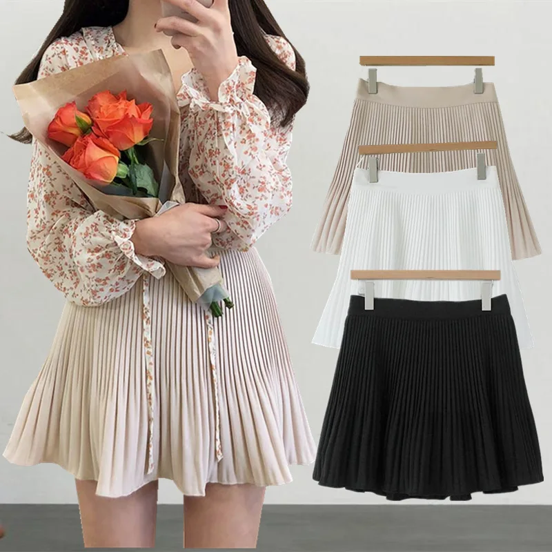 Sweet Skirt 2022 Summer Chiffon Black Pleated Causal White Solid Skirt Vacation Dating Lovely Skirt