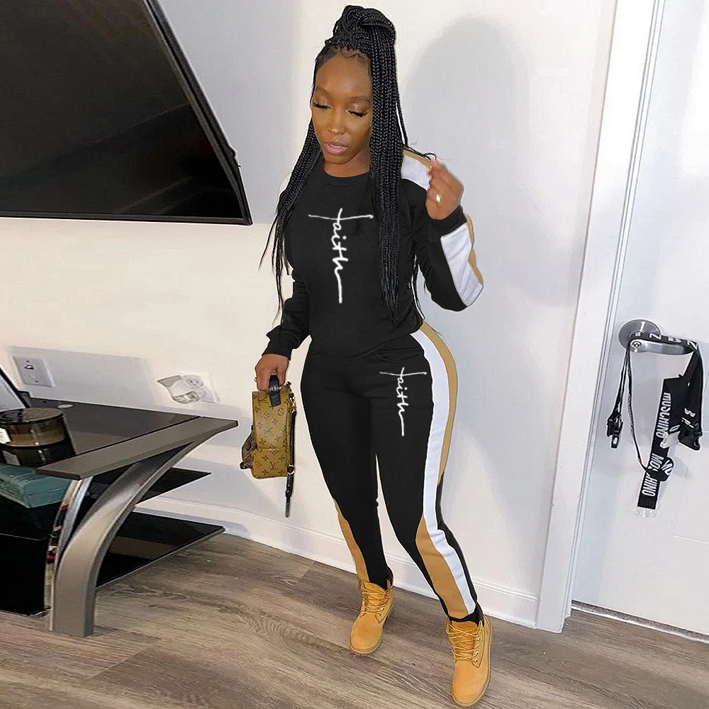 

Осень 2022, женский модный спортивный костюм, женский Повседневный Спортивный костюм из двух предметов в стиле пэчворк с надписью, Женский ко...