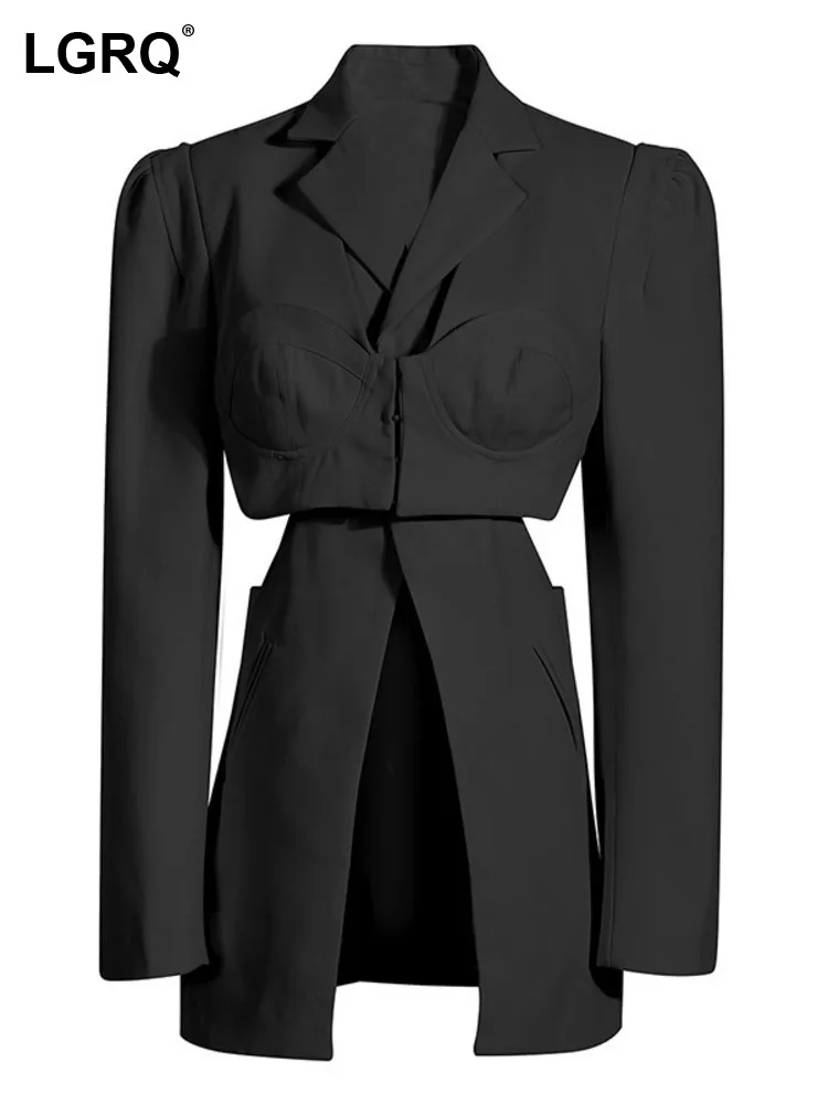 

LGRQ Fashion Women's Blazer New Notched Loose Spliced Hollow Out Long Sleeve Fake Two Pcs Suit Jackets Female Autumn 2023 7I0349