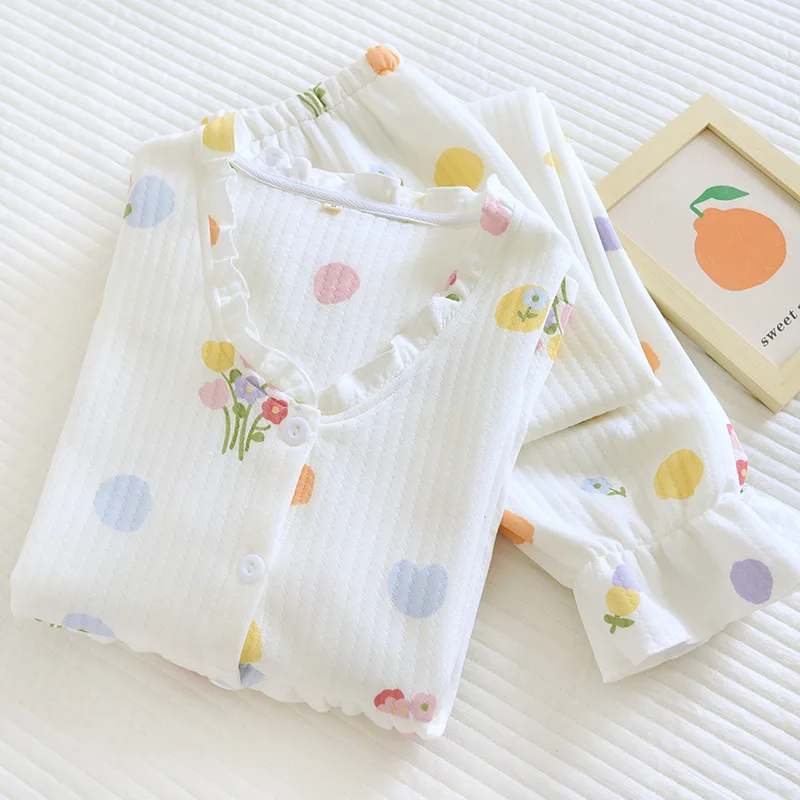 Fdfklak Air Layer Autumn Winter Pajamas Suit Women New Thick 100% Cotton Sweet Home Clothes Warm Sleepwear Set Plus Size M-4XL