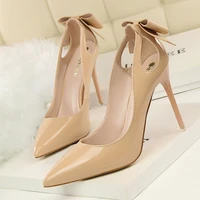 spring patent leather fashion bowtie womens shoes back heel cut outs sexy pumps female high heels pointed toe dress party shoes
