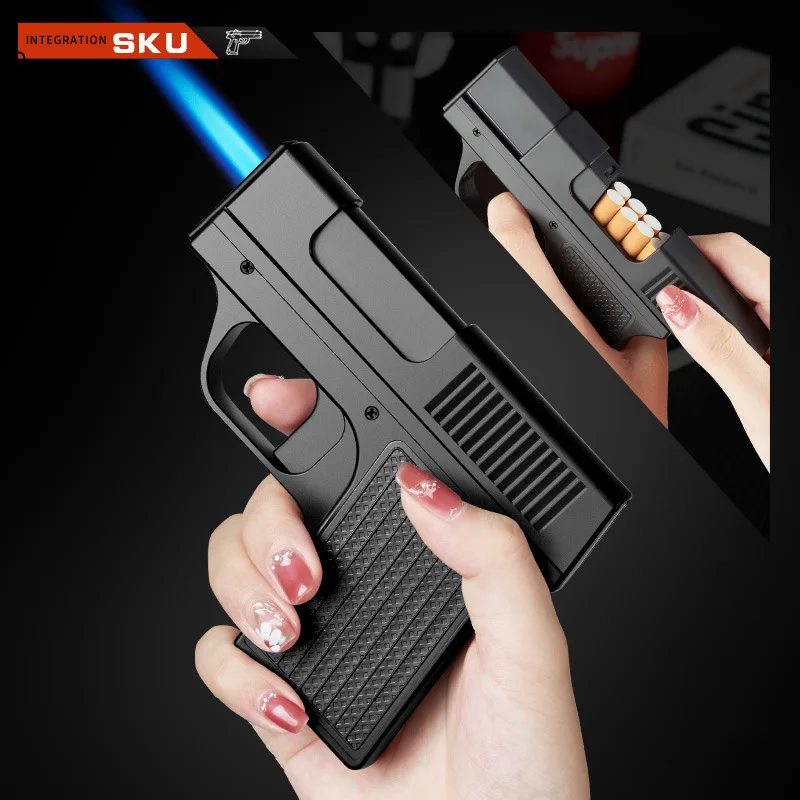 

New Metal Turb Gun Shaped Gas Lighter Welding Cigarette Box 10PCS Windproof Inflatable Cigar Cigarette Lighter Unusual Camping