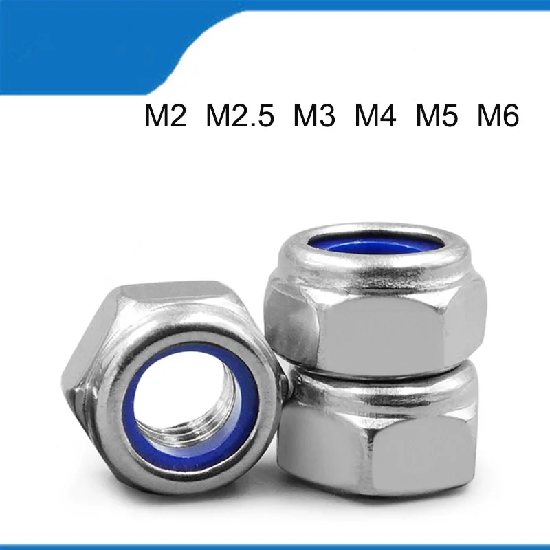 

Free Shipping M2 M2.5 M3 M4 M5 M6 100PCS 304 Stainless Steel Hex Hexagon Nylon Insert Self Lock Nut Nylock Nut Locknut