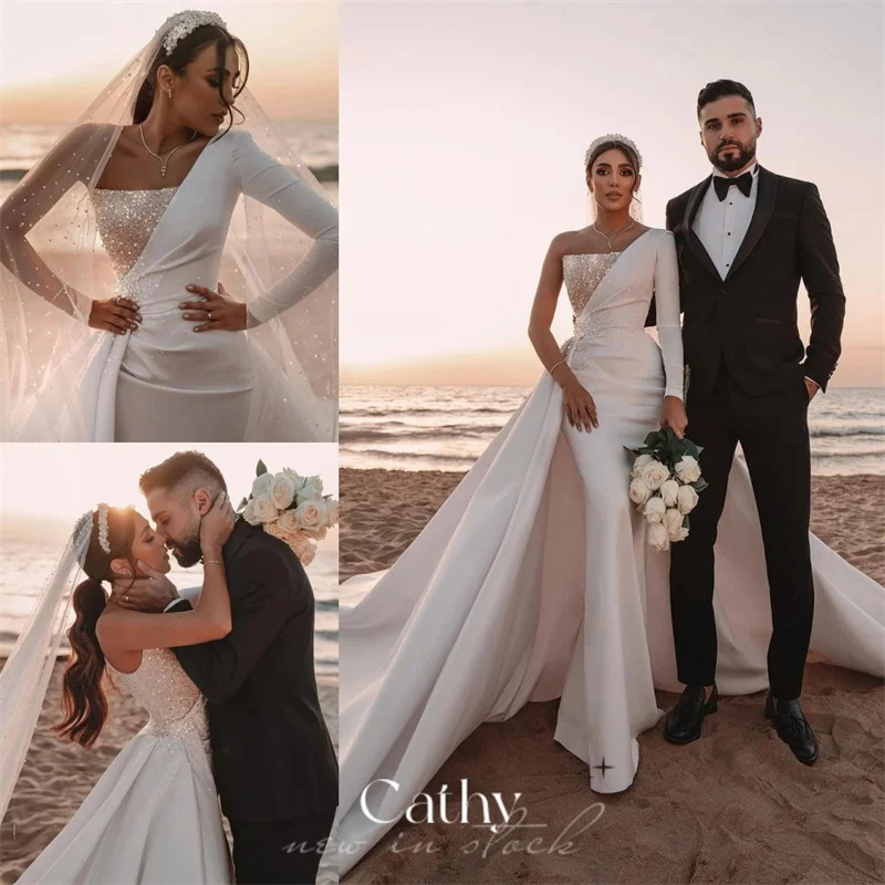 

Luxury Bride Gown Church Train Satin Sweep Train Wedding Dresses One Shoulder Mermaid Wedding Gowns for Bride Detached Trail
