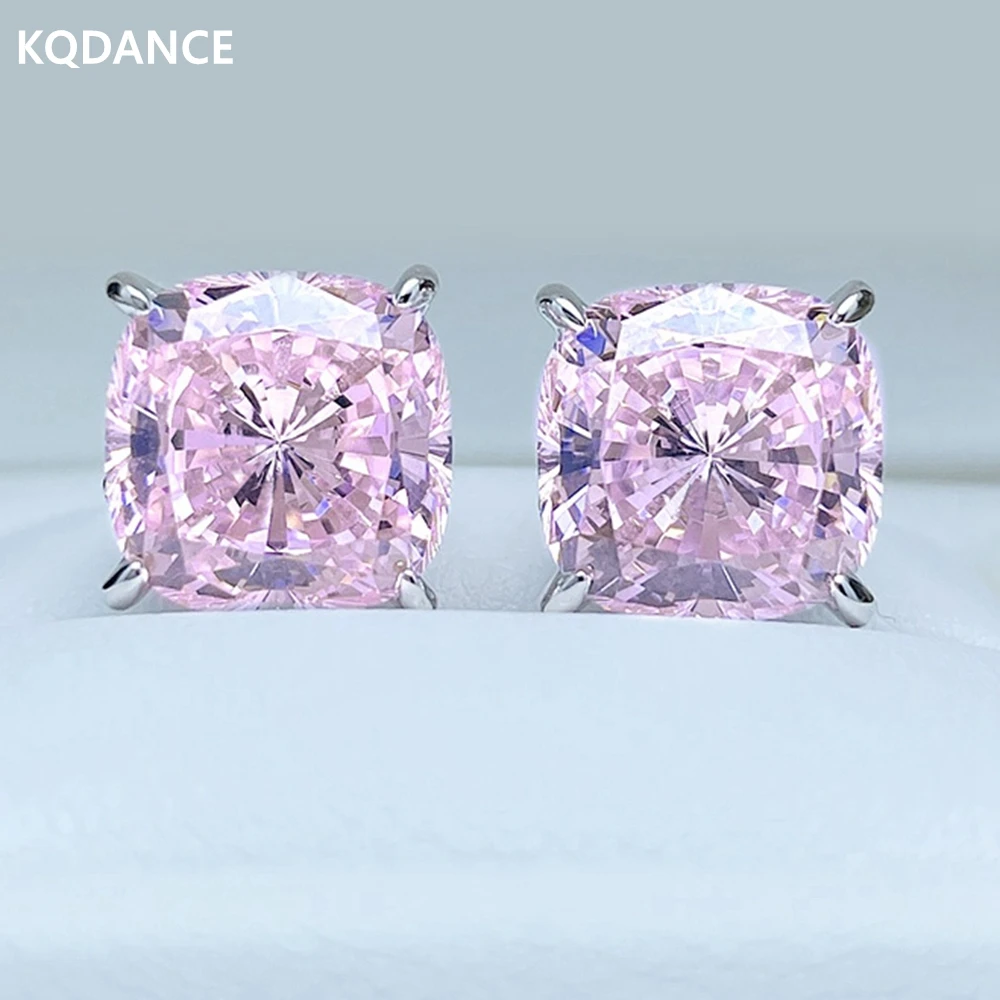 

KQDANCE Korean Style 925 Silver High Carbon Diamond Cushion cut Artificial 5 Carat Light Pink Moissanite Earrings Woman Jewelry