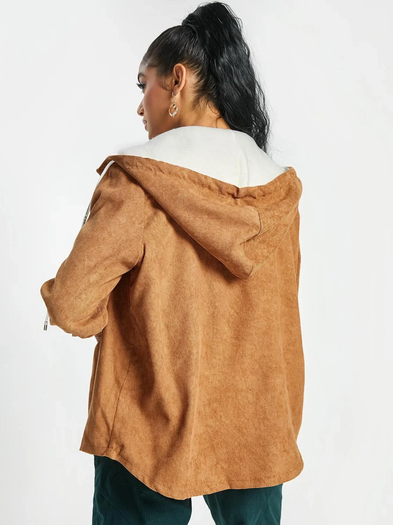 ZAFUL женская вельветовая куртка с капюшоном на флисовой подкладке однотонное