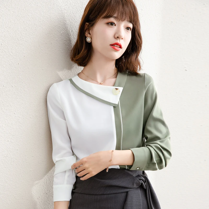 

Chiffon Women's Blouse Splicing Casual Shirt Fashion Long Sleeves Summer Elegant Top 2022 Female Clothing Skew Collar