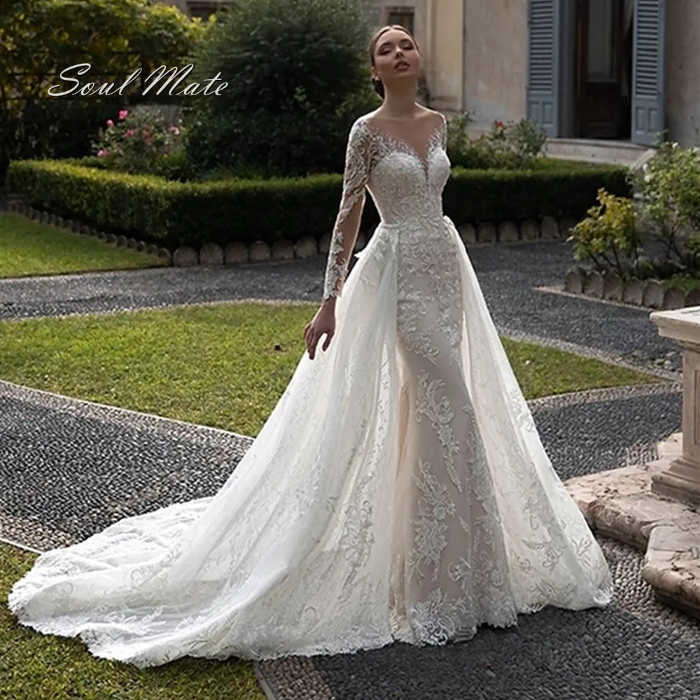 

Elegant 2022 Women's Wedding Dress Mermaid Lace Long Sleeve Backless Regular Sleeve Modern Detachable Floor-length Robe Soiree