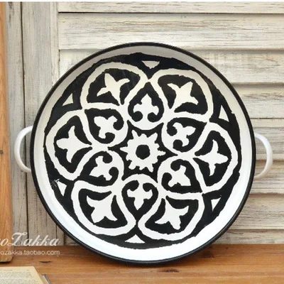 

Enamel Enamel Retro Nostalgic Abstract Painting Binaural Disc Fruit Plate Enamel European Style Large Fruit Pot