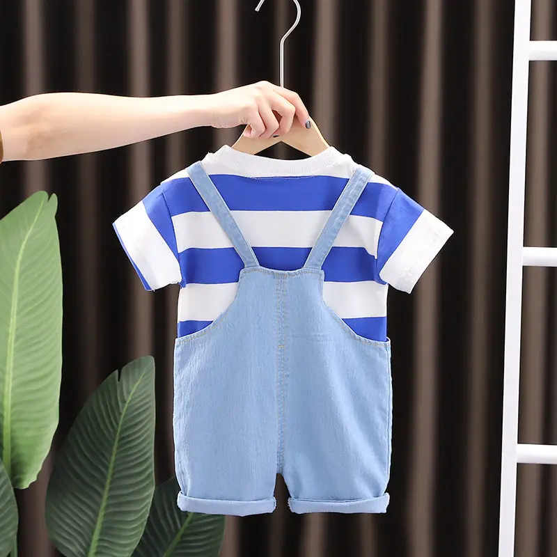 

Summer Children Cotton Clothes Baby Boy Girls Stripe Cartoon shirt overalls 2Pcs/sets Infant Kids Fashion Toddler Tracksuits