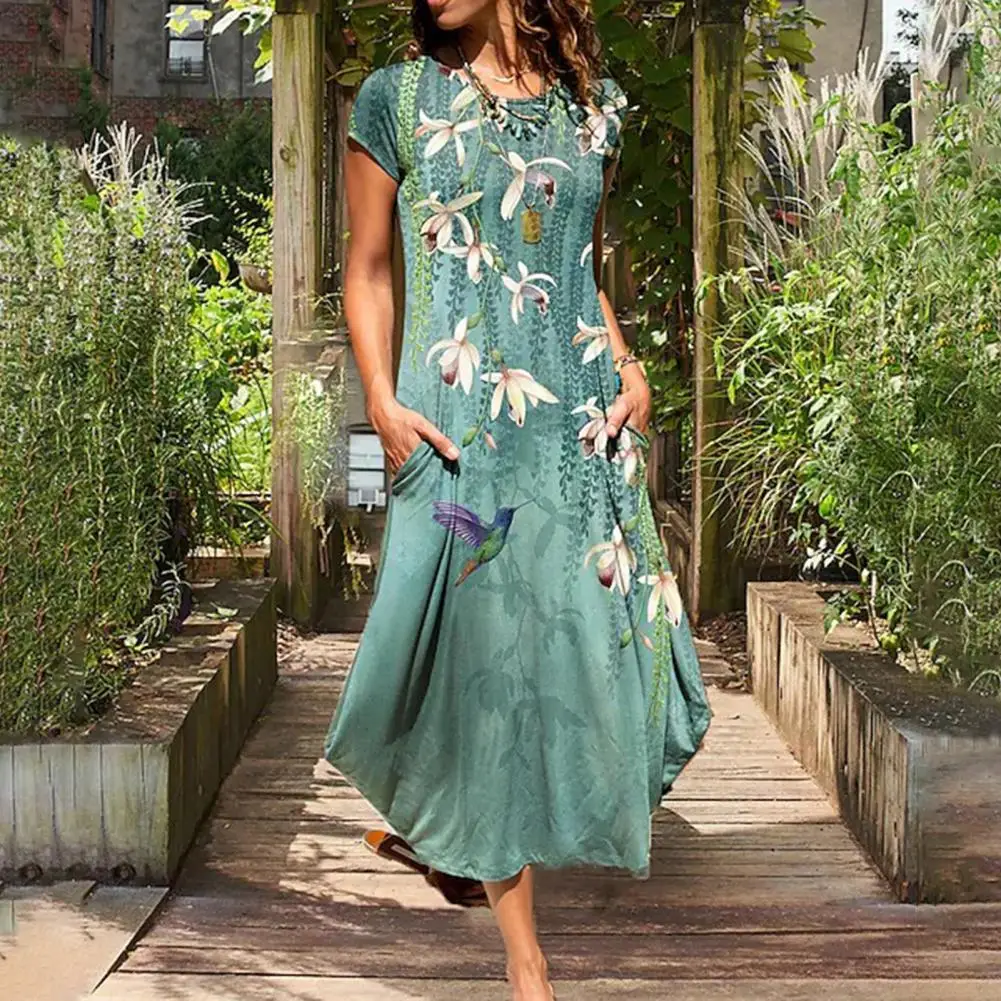 

O-neck Short Sleeve Side Pockets Elegant Dress Vivid Flower Printing Ladies A-Line Midi Dress Waist Tight Mid-Calf Beach Dress