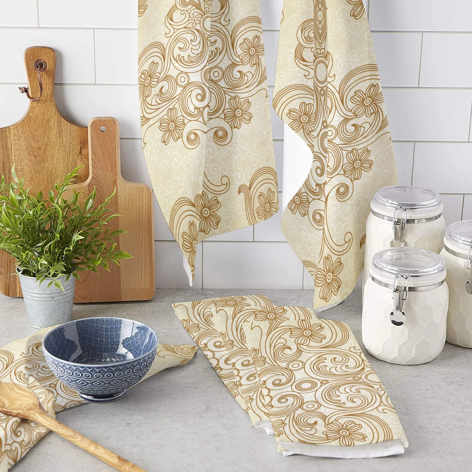 

Pattern Leaves Retro Vine Kitchen Towel Bathroom Hand Towel Kitchen Dishcloth Water Absorption Household Cleaning Cloth