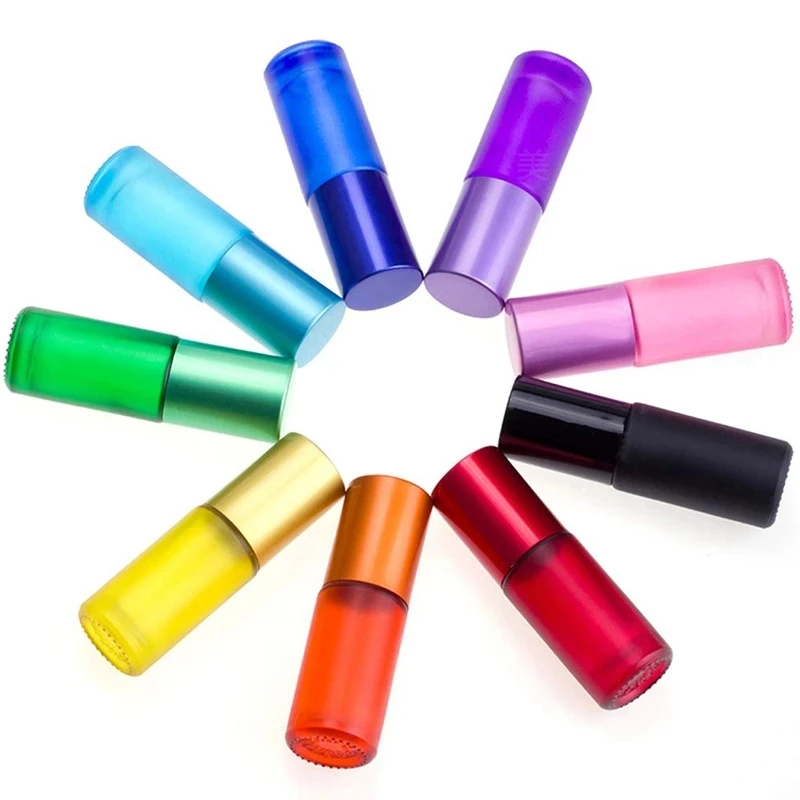 

10PCS 5ml Portable Frosted Colorful Essential Oil Perfume Thick Glass Bottles Travel Refillable Roller Ball Vial
