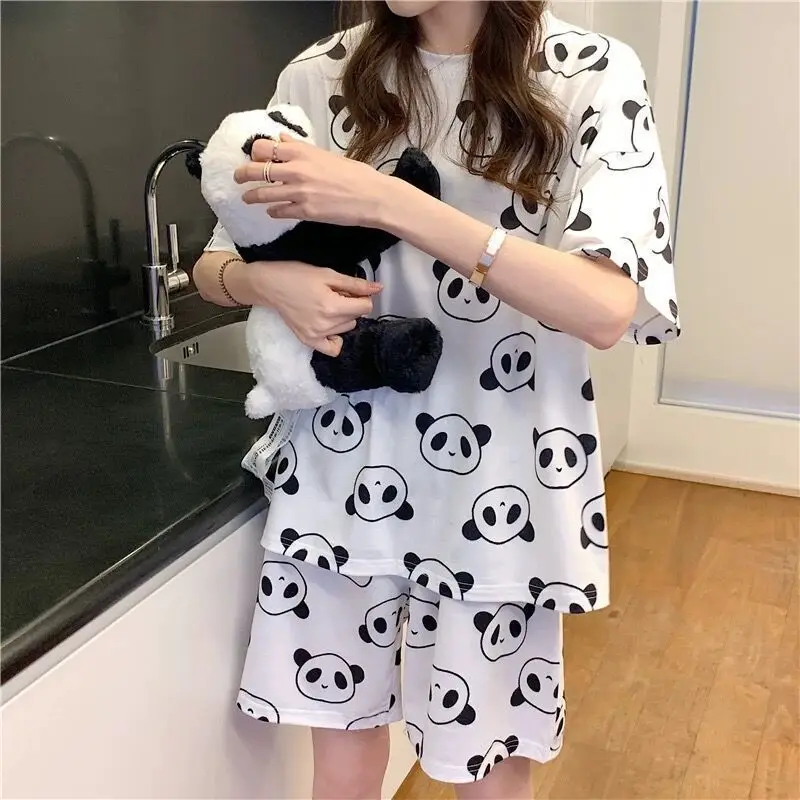 

Korean Style Cartoon Panda Print Pajama Set for Women Girls Short Sleeve Tops+Shorts 2 Pieces Sleepwear Casual Loose Loungewear
