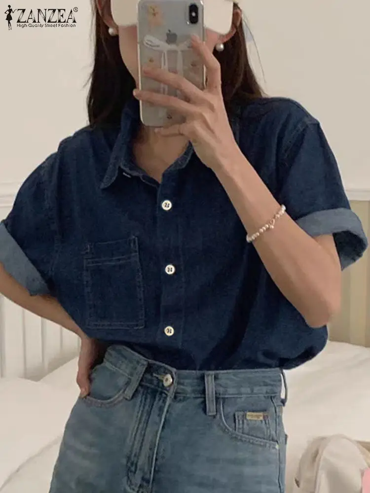 Женская джинсовая рубашка ZANZEA с отложным воротником и коротким рукавом