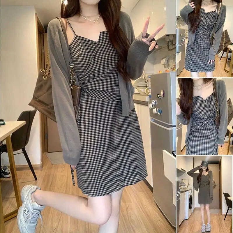 

Women Spring Suits Sets Printed Long Sleeve Knit Clothes Pleated Sleeveless V-Neck Dress Vestido Elegant 2 PCS Sweet New D11