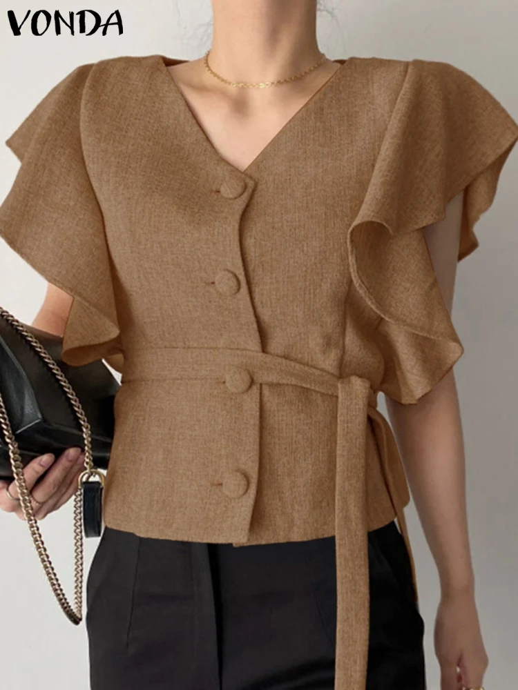 

Summer Women Casual Shirts 2023 VONDA Short Sleeve Ruffled Tunic Tops Belted Solid Color Buttons V-Neck Party Elegant Blouses