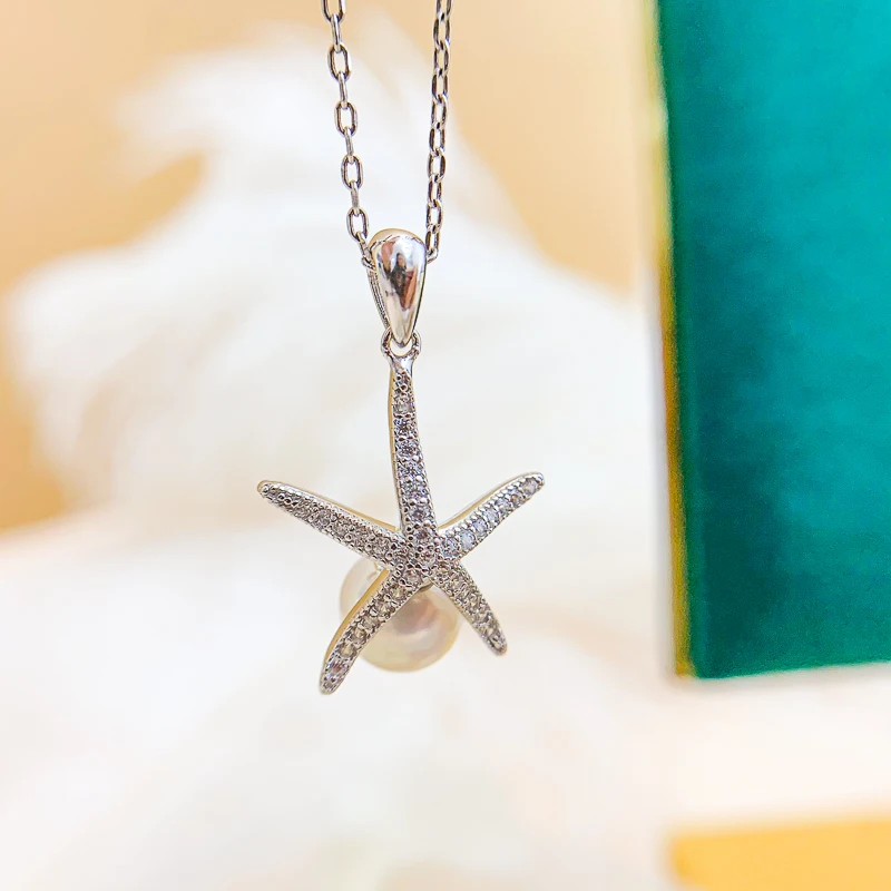

MeiBaPJ 7.5-8mm Natural Round Pearl Fashion Starfish Pendant Necklace 925 Silver Fine Wedding Jewelry for Women