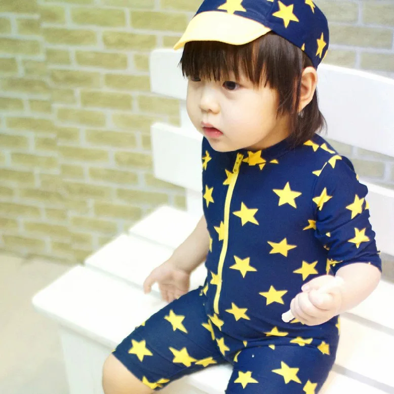 

Children's Swimsuit Blue Star One-piece Boxer Baby Swimwear With Shower Cap Boy Toddler Swimming Kids Beach Bathing