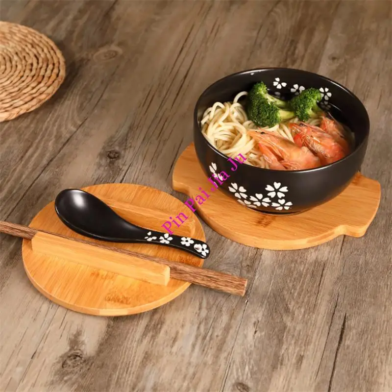 

Kitchen Tableware Ceramic Salad Soup Bowl Food Container Dinnerware Japanese Style Rice Noodle Bowl with Lid Spoon and Chopstick