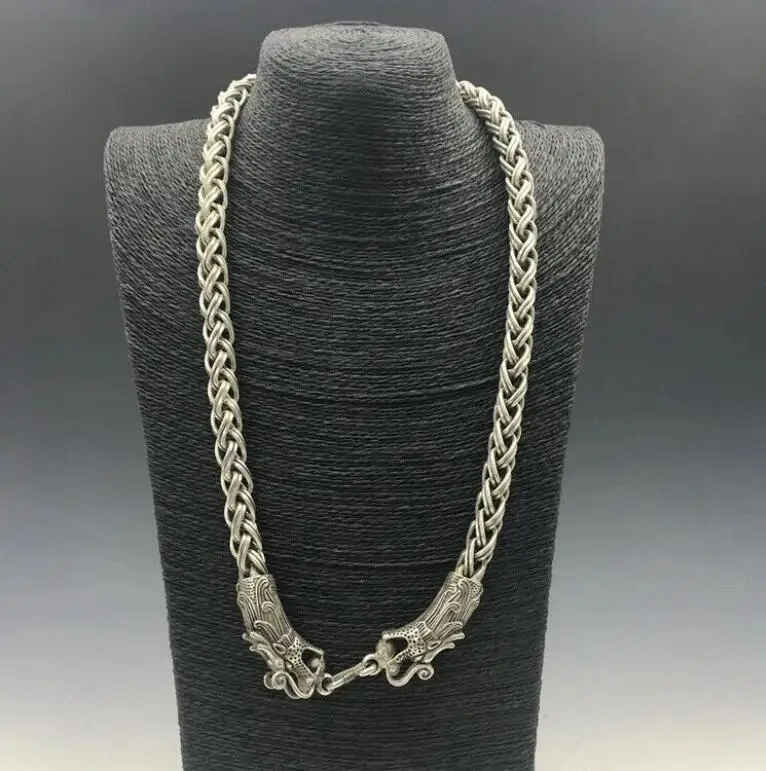 

Chinese Antique Tibetan Silver Necklace Hand Carved Dragon Necklaces