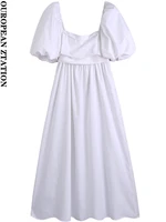 women 2022 fashion new draped poplin white midi dress vintage puff sleeve back zipper female dresses vestidos mujer
