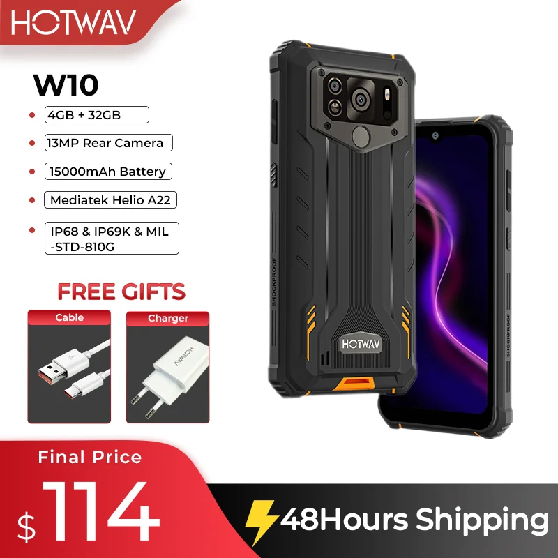 HOTWAV W10 Rugged Smartphones 15000mAh Ultra Large Battery Android 12 OS MTK6761 6.53 Inch Screen 4GB 32GB 13MP Main Camera