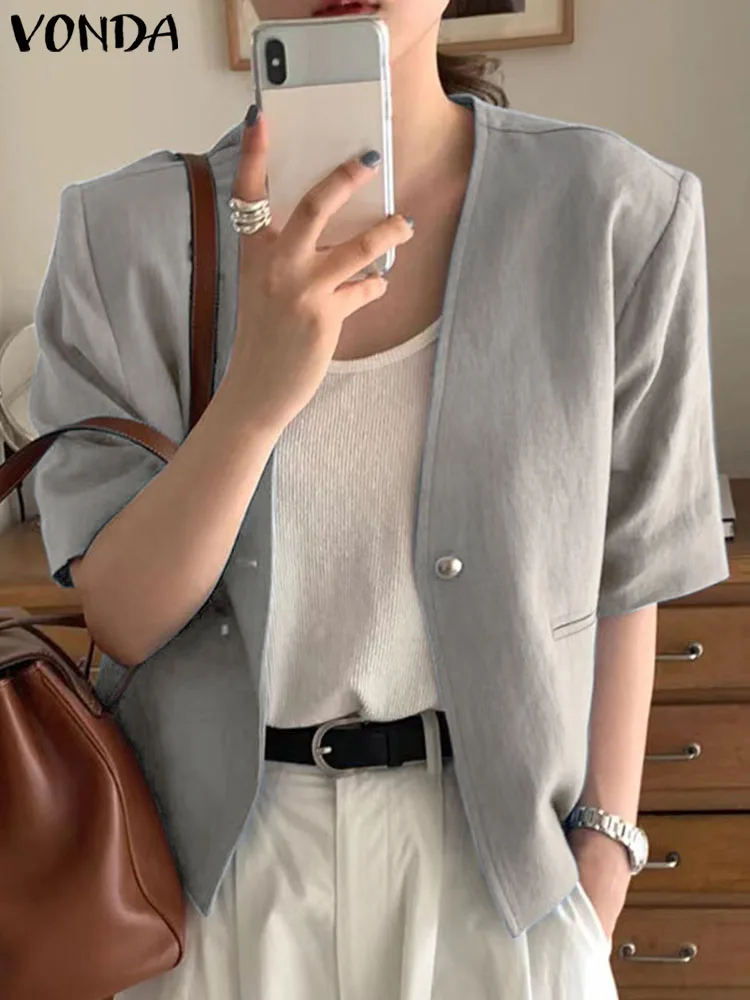 VONDA Summer Tops Fashion 2023 Women Blazer Short Sleeve Solid V-Neck Cotton Blusas Tunic Streetwear Button Oversized