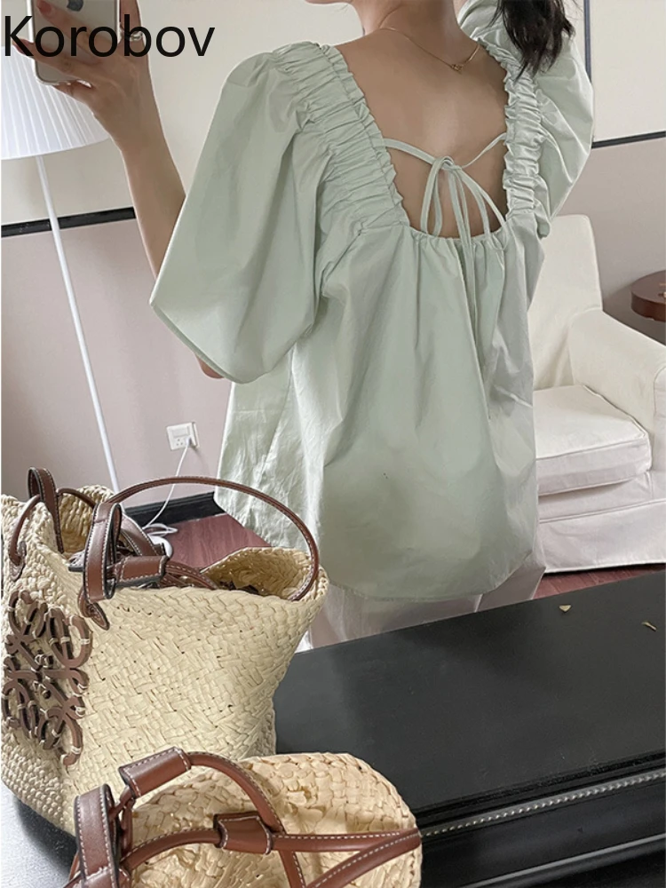 

Женский топ с открытой спиной Korobov, милый однотонный пикантный топ с квадратным вырезом, рукавами-фонариками и складками, модель 2022 на лето