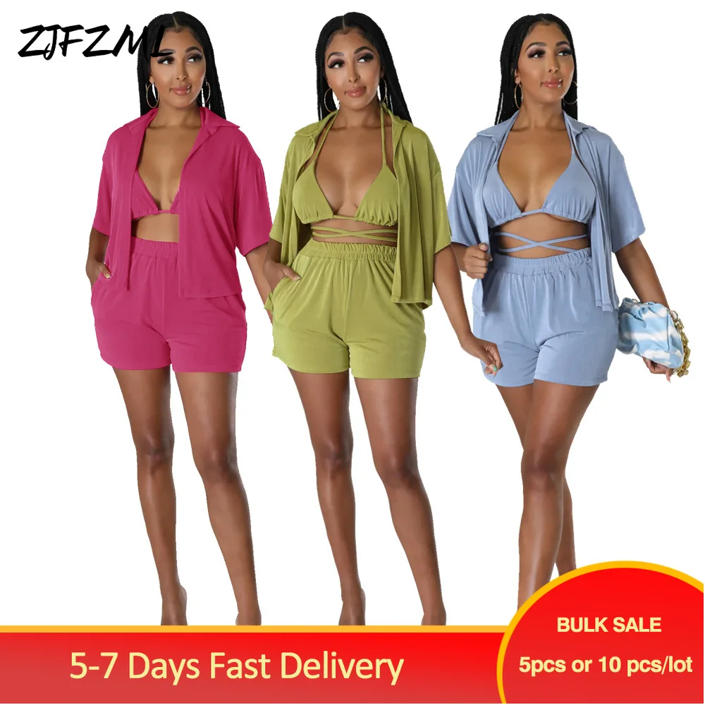 

Bulk Items Wholesale Lots 3 Piece Matching Sets Summer Clothes for Women Bra Tops Short Sleeve Shirt Blouse with Beach Shorts