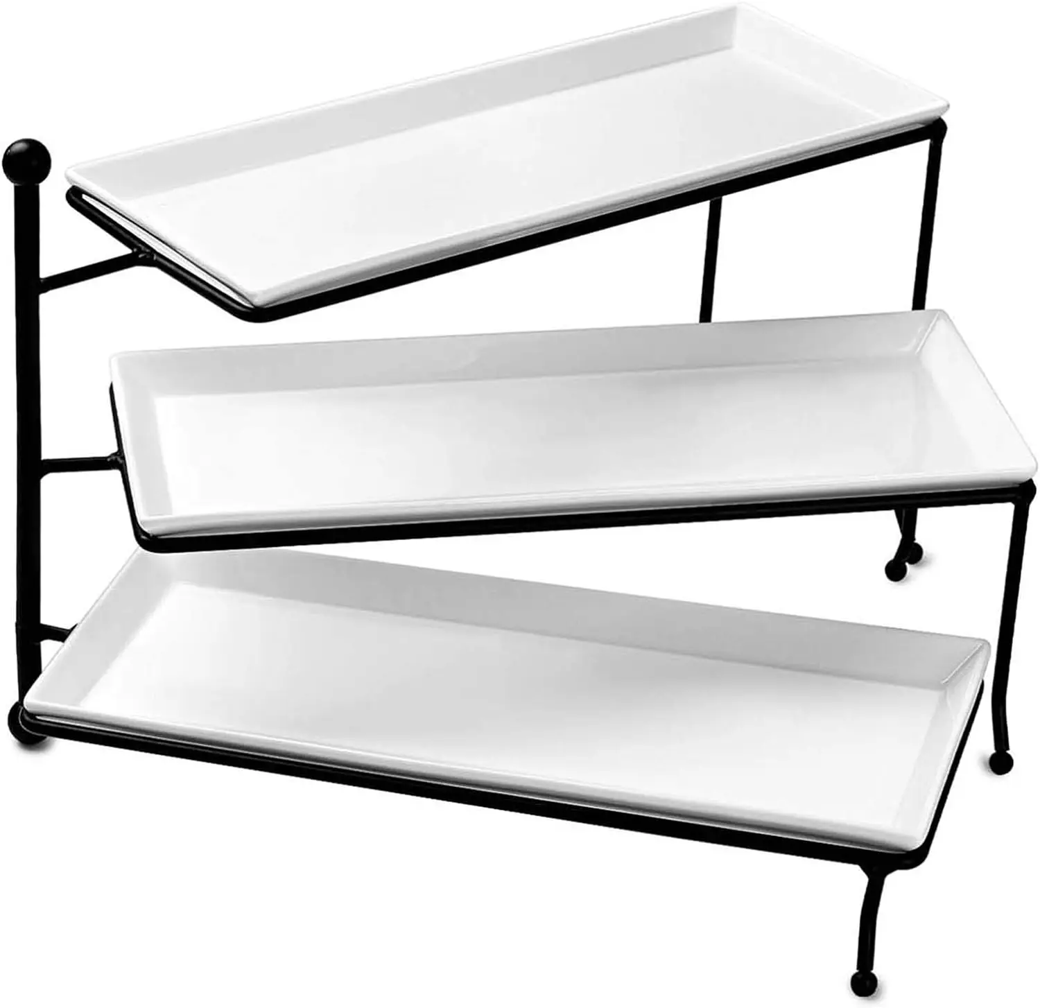 

3 Tiered Serving Stand, Foldable Rectangular Food Display Stand with White Porcelain Platters - Serving Trays, Dessert Display S