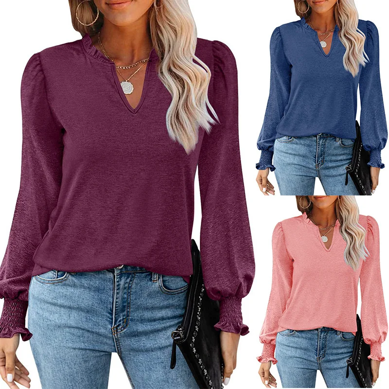 

Autumn and Winter 2022 New Women's Bubble Sleeves V-Neck Loose casual long shirt