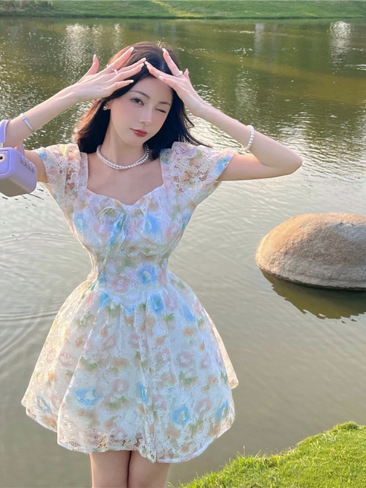 

Elegant Fashion Square Collar Mini Sexy Dress Women Multicolor Floral Female Boho Short Skirt Vintage Puff Sleeve Party Dress